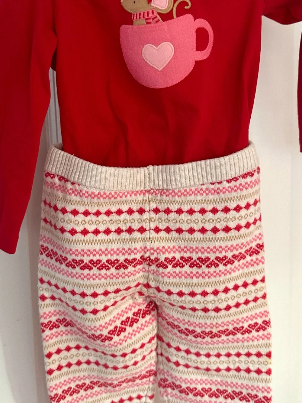 Gymboree Red Top with Pink Cup Applique and Cream Knit Fair Isle Pants